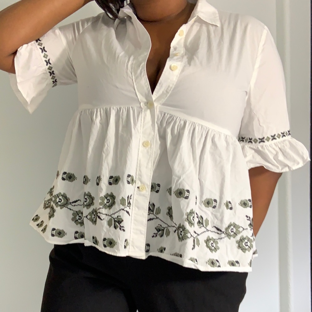 Kate Spade Embroidered Ruffle Sleeve Shirt